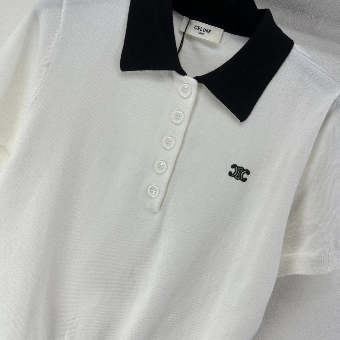 Celine Short-sleeved Polo Shirt White Cashmere Wool 349072