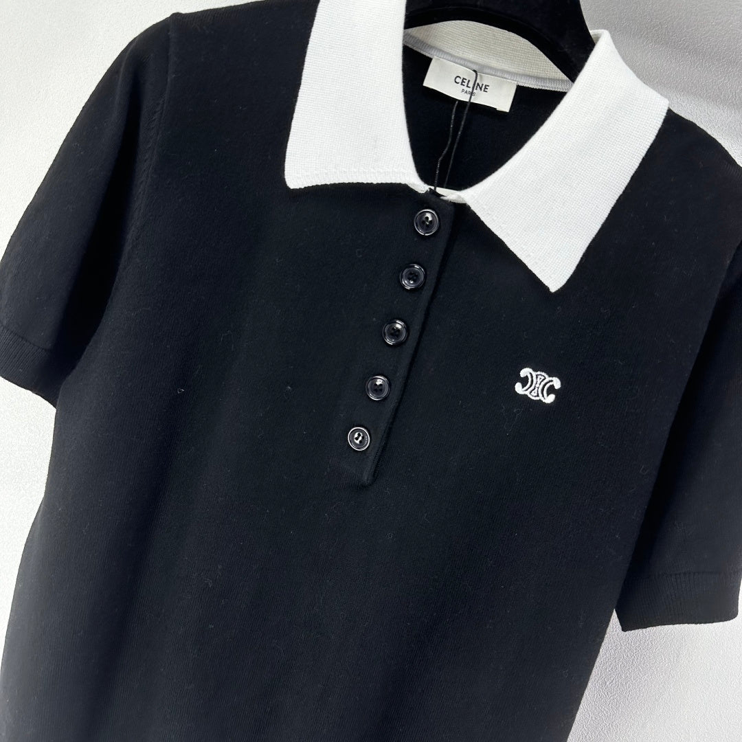 Celine Short-sleeved Polo Shirt Black Cashmere Wool 349073