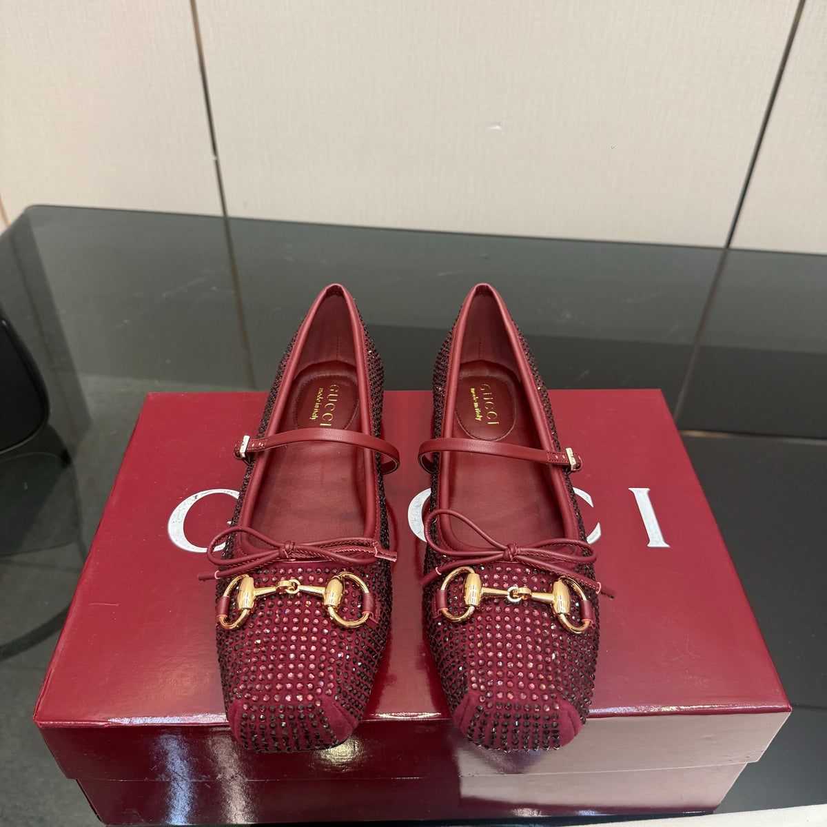 GG Ballerina Flats Square Toe Burgundy Leather 725285