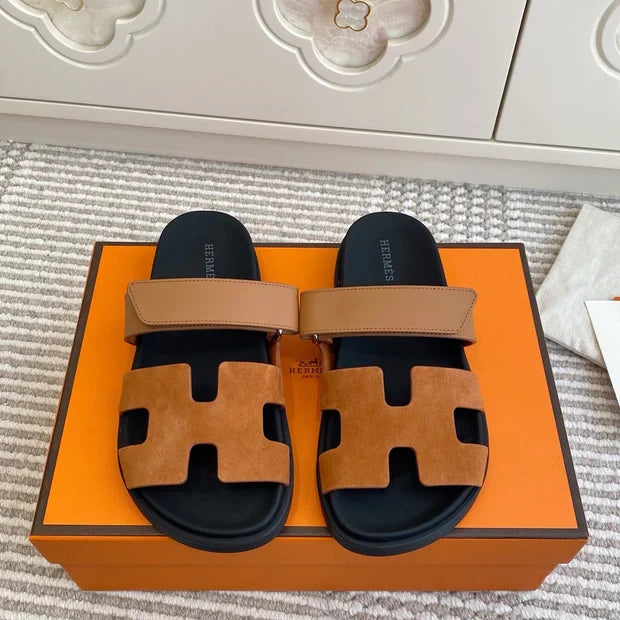 HM 2026 Velcro Slippers Black Brown Suede Cowhide 667467