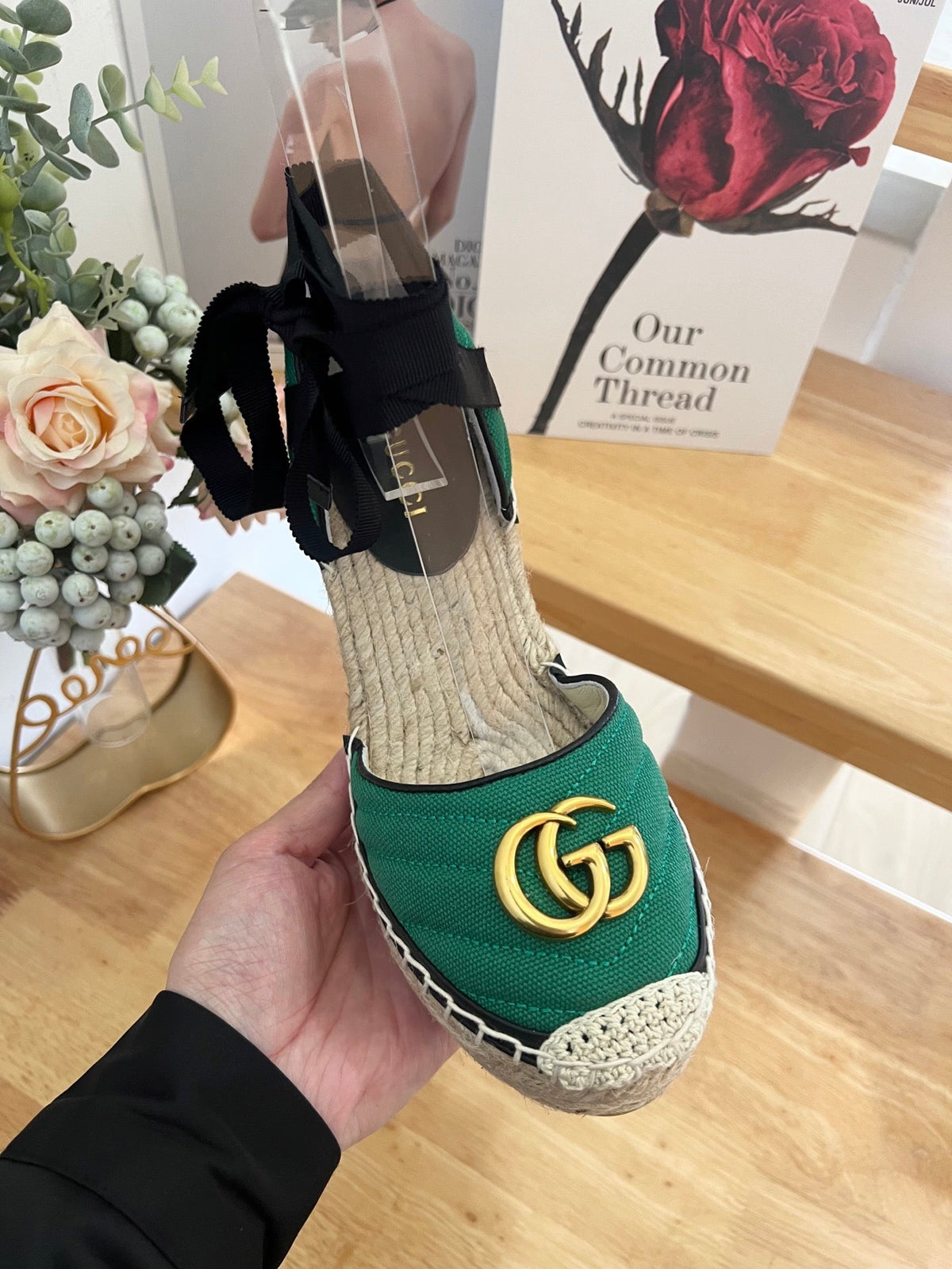 GG 26ss Platform Wedge Sandals 10cm Green Straw Canvas 692207