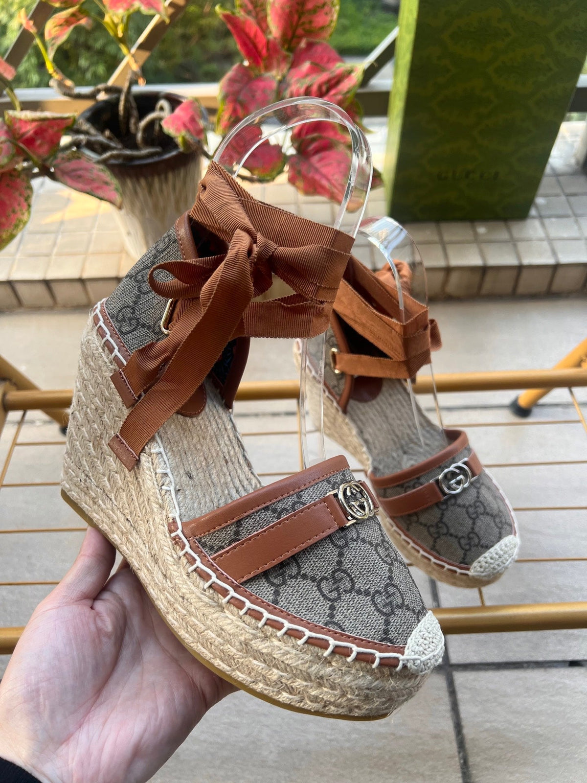 GG 26ss Platform Wedge Sandals 10cm Coffee Brown Straw Canvas 692210
