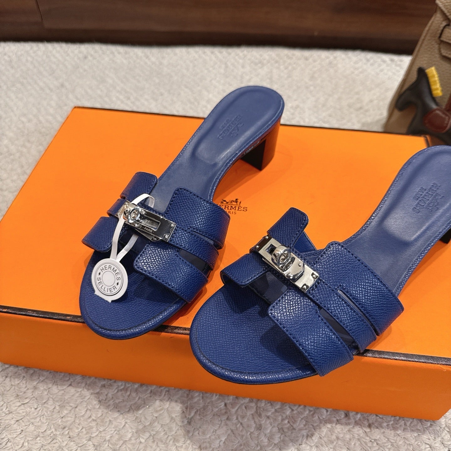HM Kelly Buckle Sandals 5cm Navy Blue Leather 804992