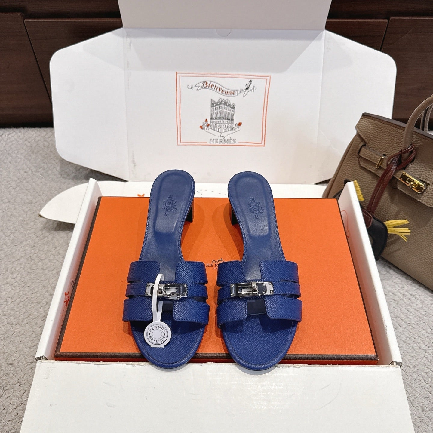 HM Kelly Buckle Sandals 5cm Navy Blue Leather 804992