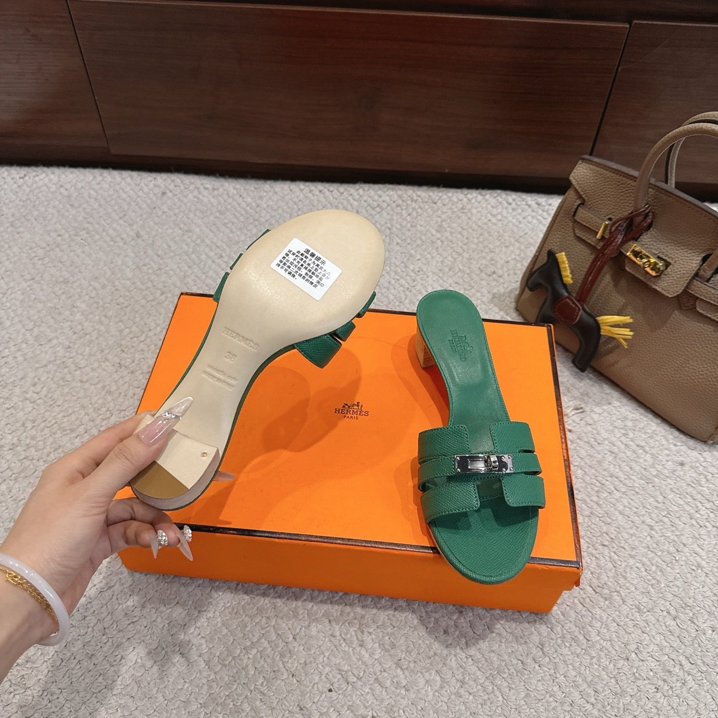 HM Kelly Buckle Sandals 5cm Green Leather 804993
