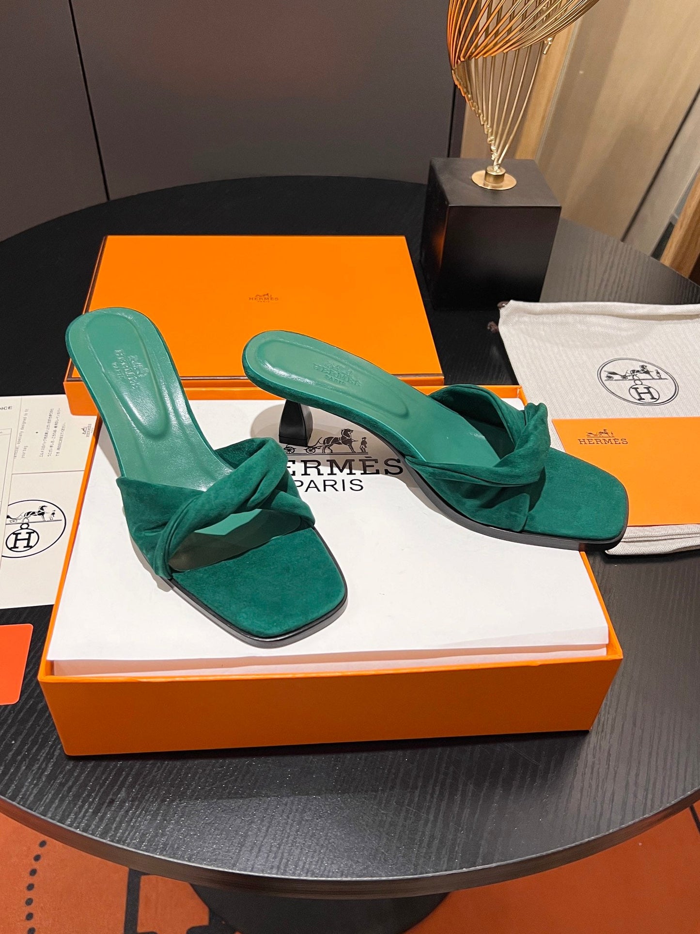 HM Giny Sandal 5.5 Teal Green Suede Calfskin 680061