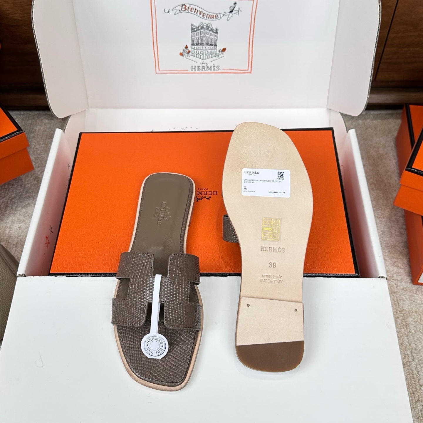 HM Oran Sandal Coffee Embossed Lizard Leather 802366
