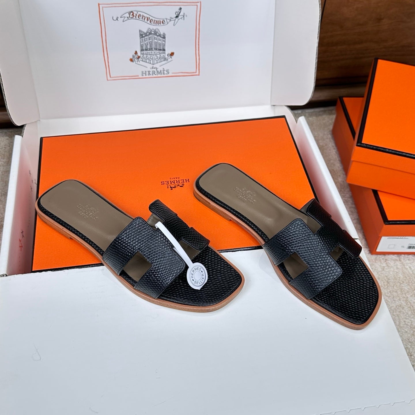 HM Oran Sandal Black Embossed Lizard Leather 802370