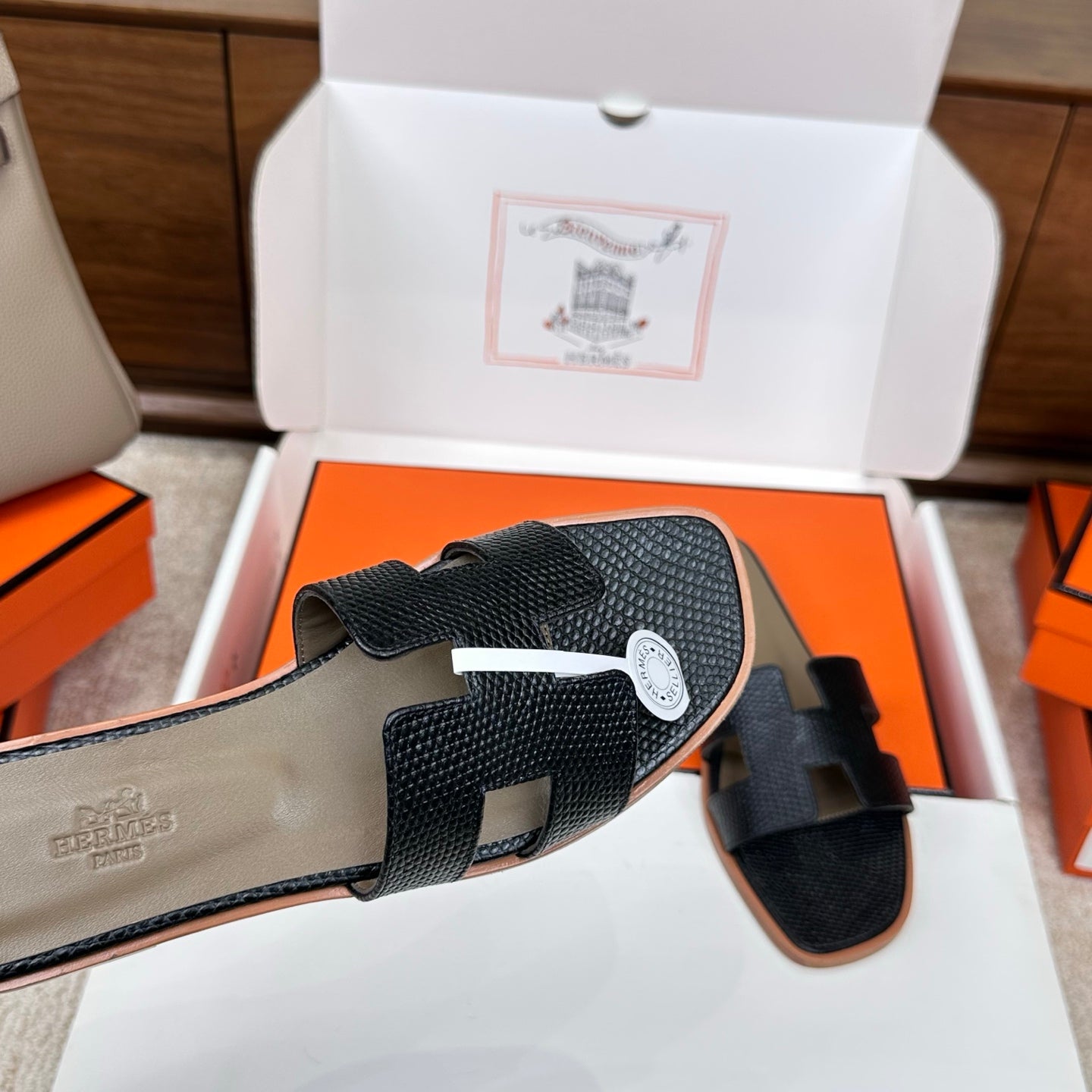HM Oran Sandal Black Embossed Lizard Leather 802370