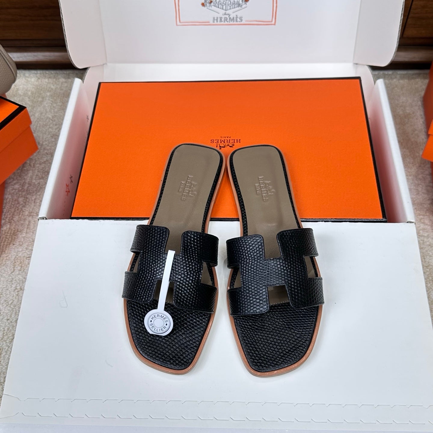 HM Oran Sandal Black Embossed Lizard Leather 802370