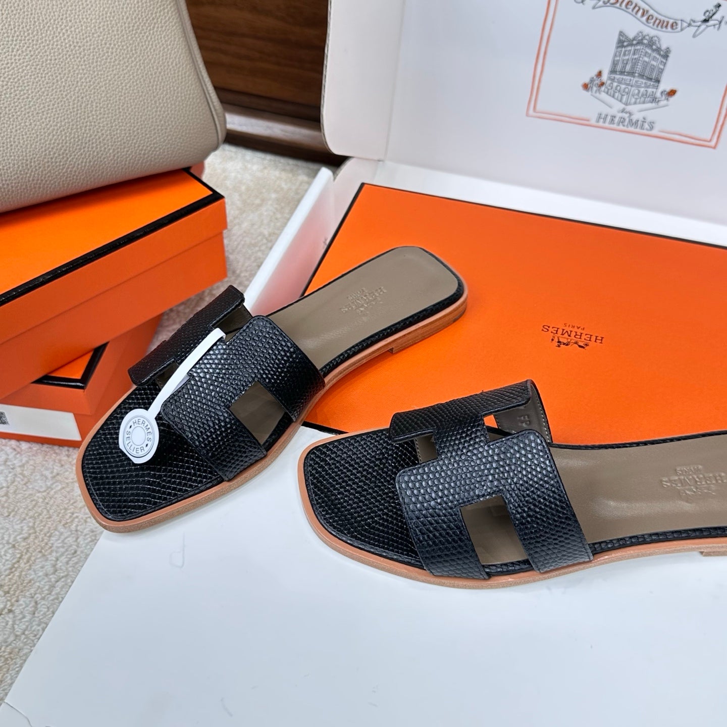 HM Oran Sandal Black Embossed Lizard Leather 802370