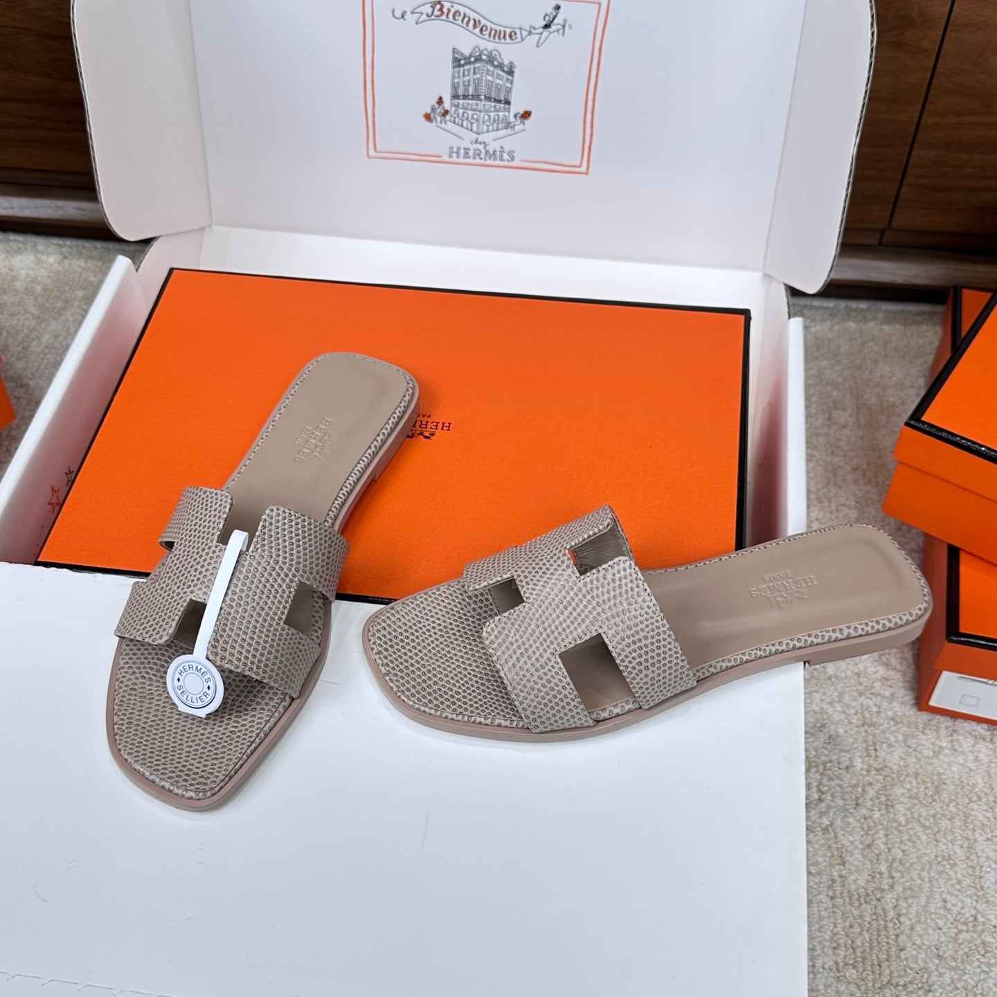 HM Oran Sandal Light Taupe Embossed Lizard Leather 802376