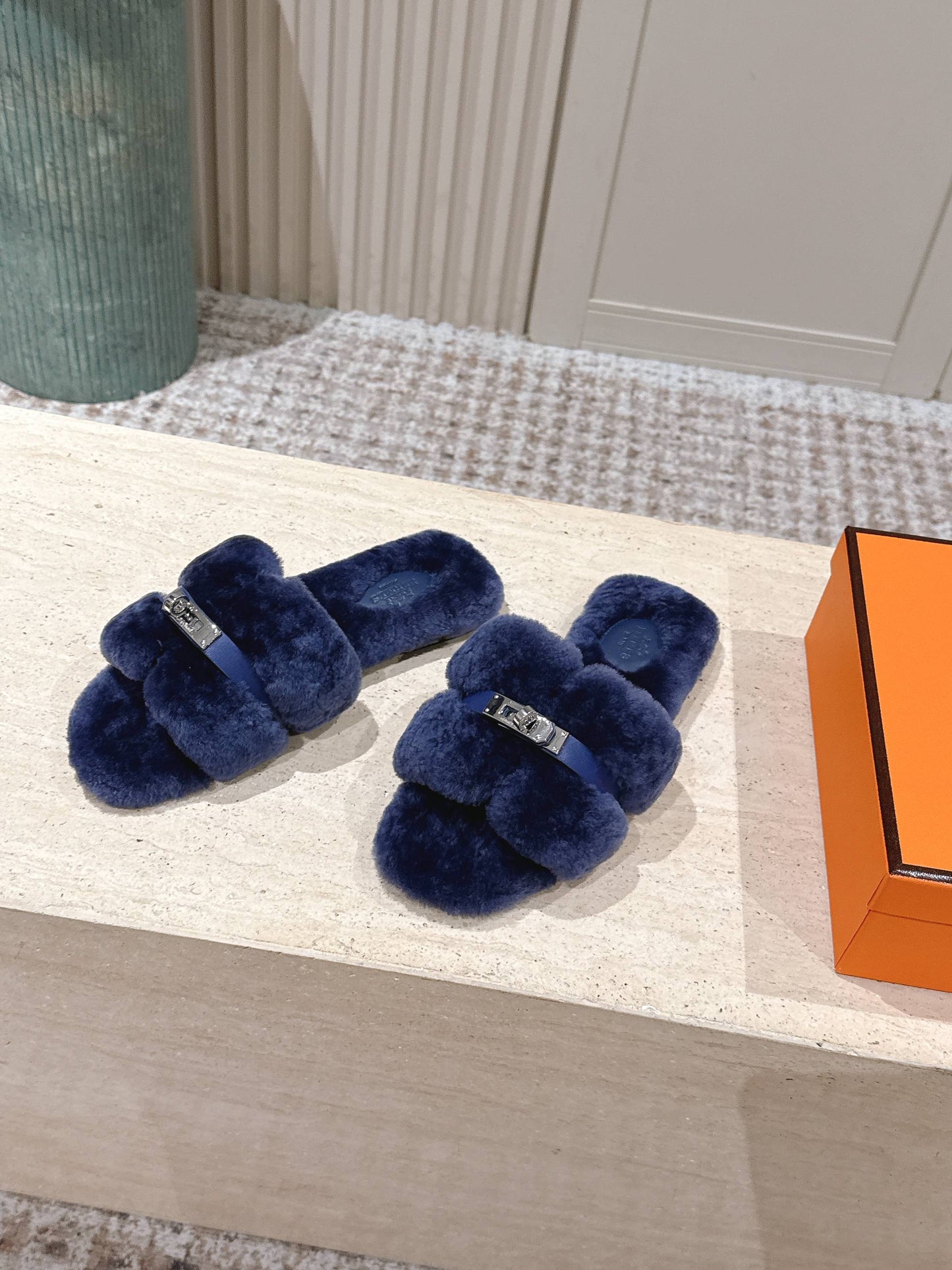 HM Oran Slippers Sliver Buckle Dark Blue Wool 583750