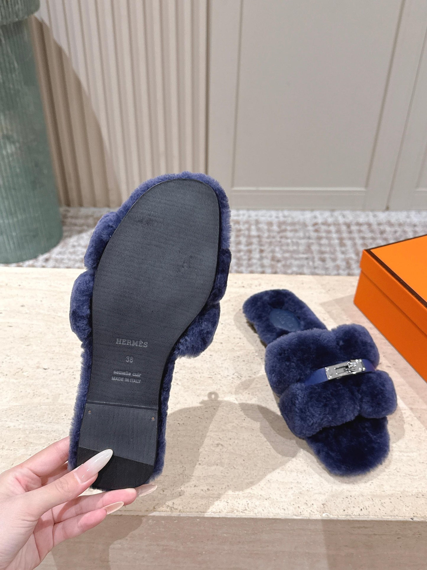 HM Oran Slippers Sliver Buckle Dark Blue Wool 583750
