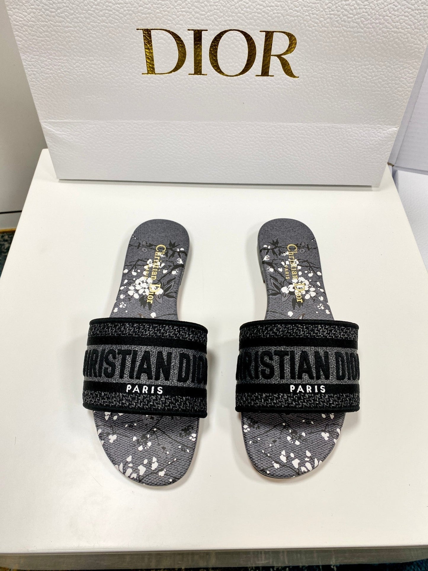 CD 26s Embroidered Sandals Gray Black Canvas Leather 683017