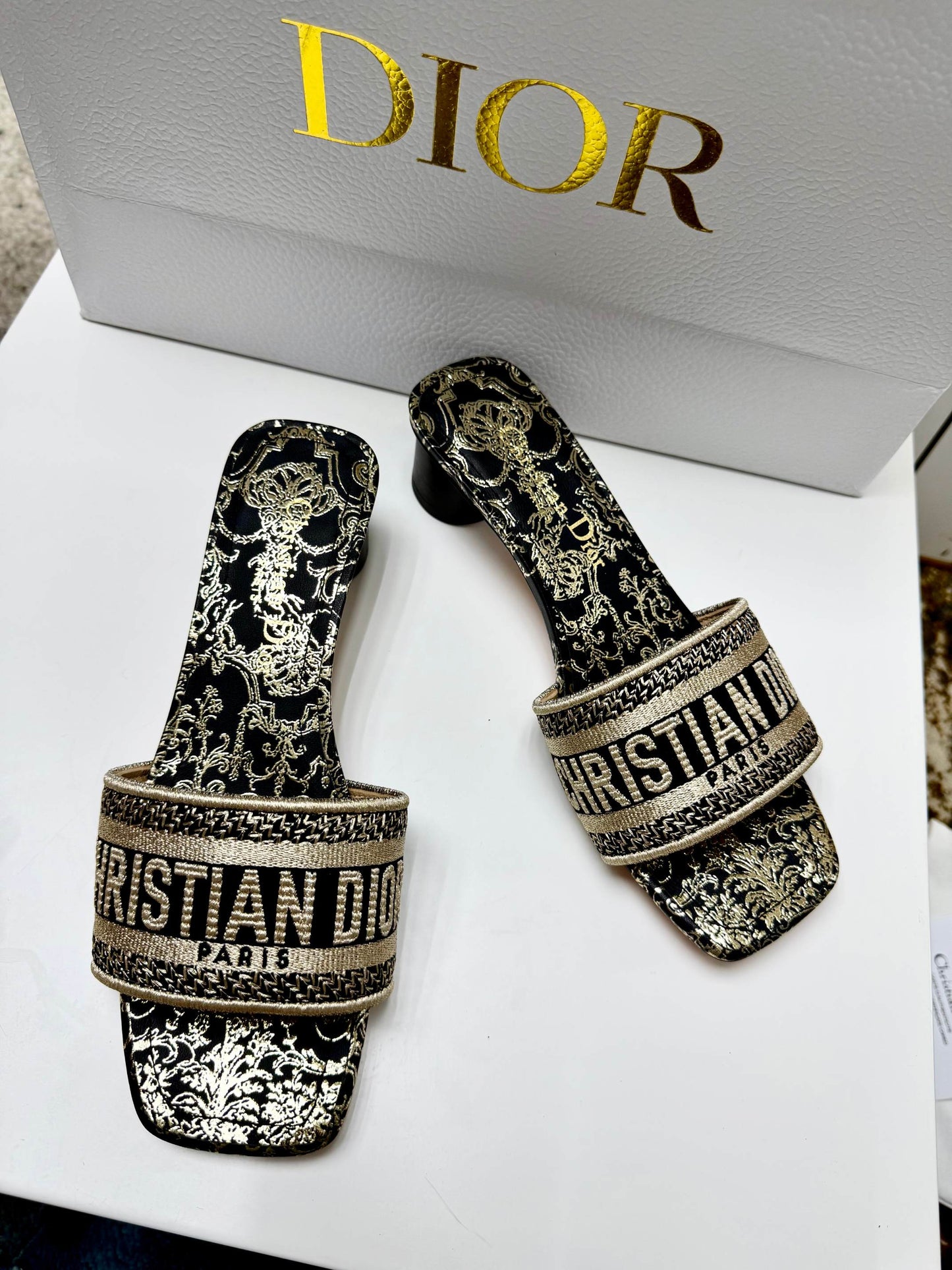 CD 26s Embroidered Sandals Black Gold Genuine Leather 683025