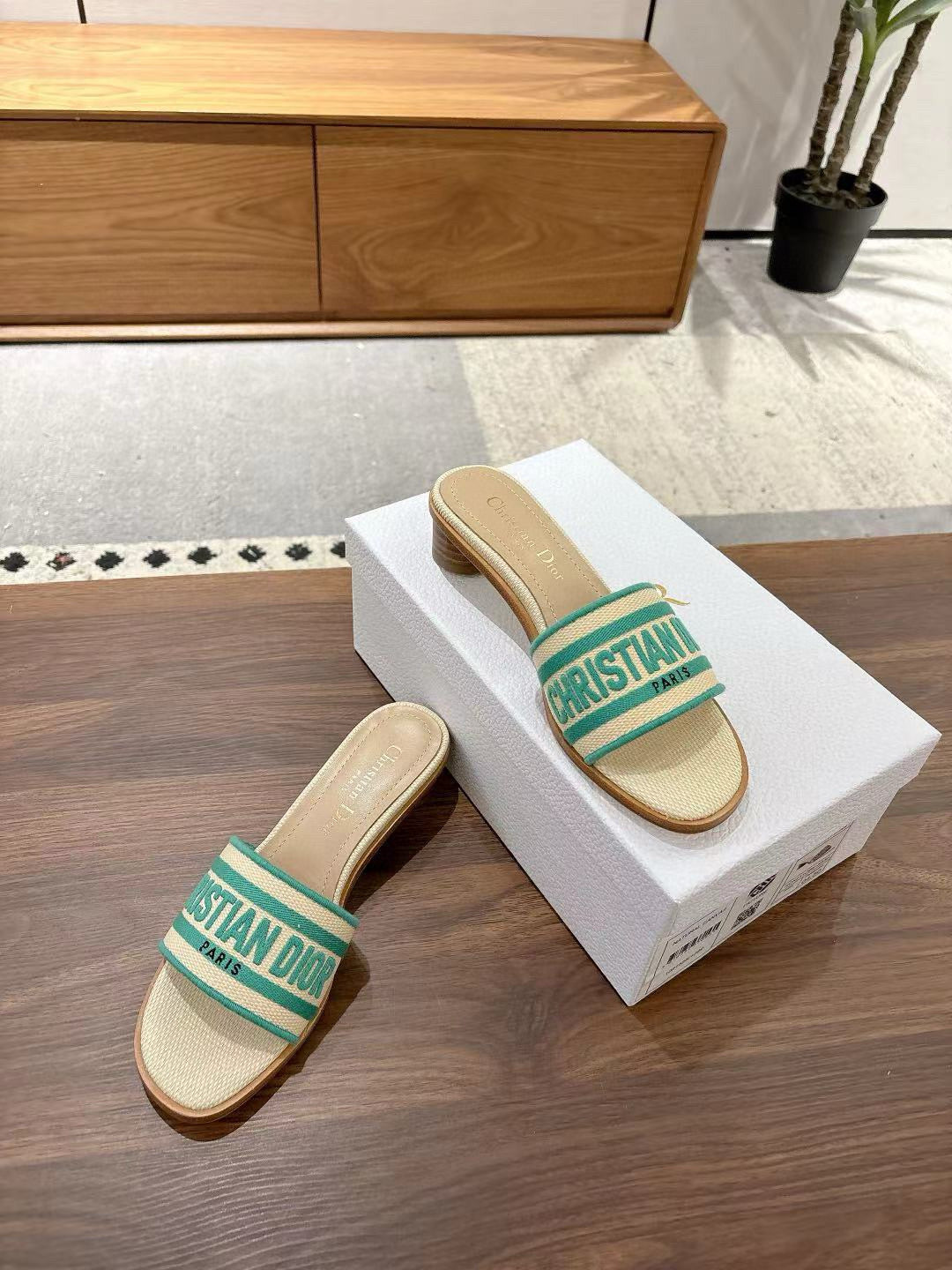 CD 26s Embroidered Sandals Beige Green Canvas Sheepskin 664319