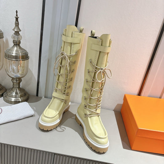 HM Lace Up Boots 25mm Belt Buckle Yellow-beige Leather 466587