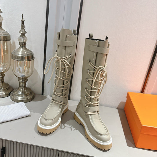 HM Lace Up Boots 25mm Belt Buckle Pale Khaki Leather 466588