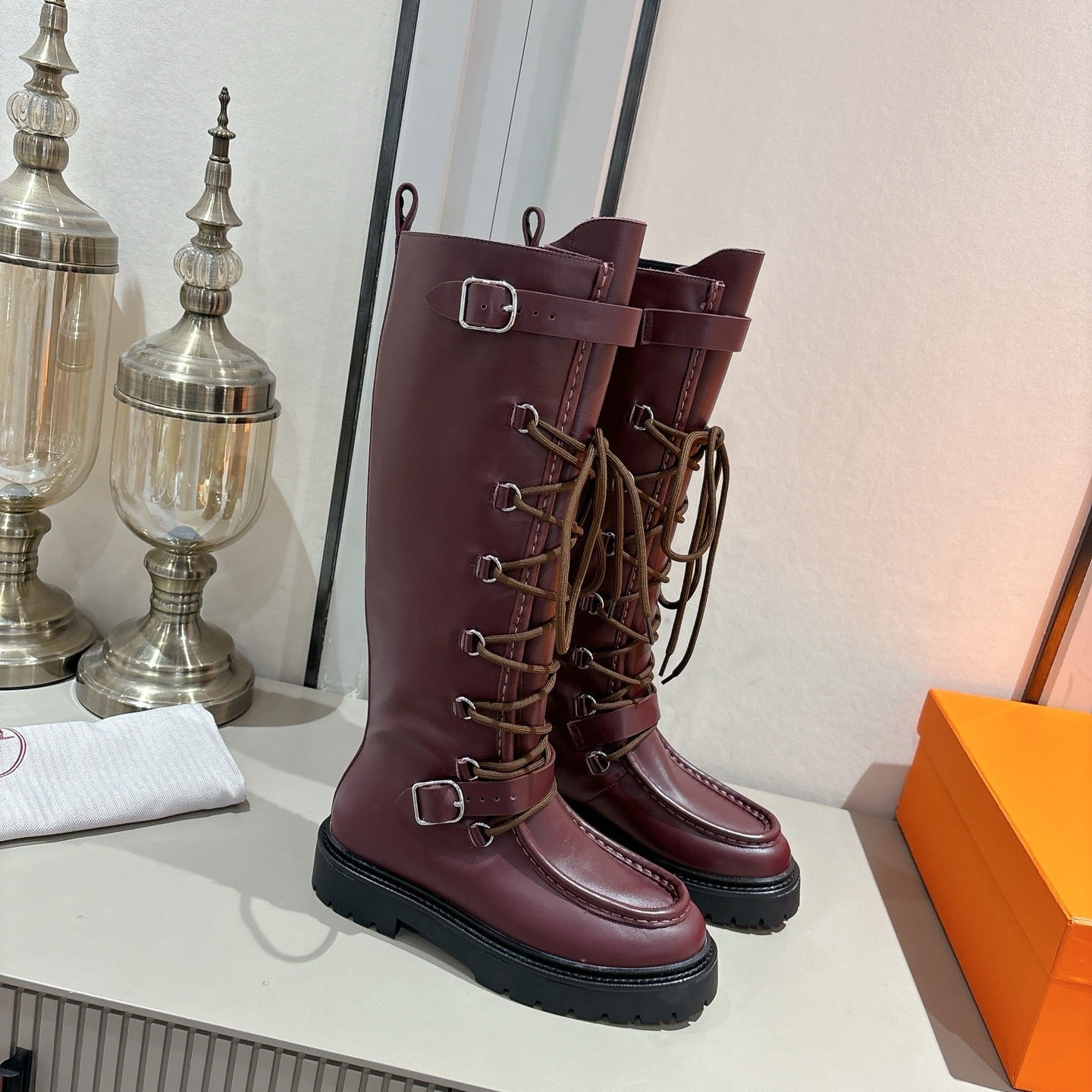 HM Lace Up Boots 25mm Belt Buckle Mauve Brown Leather 466590