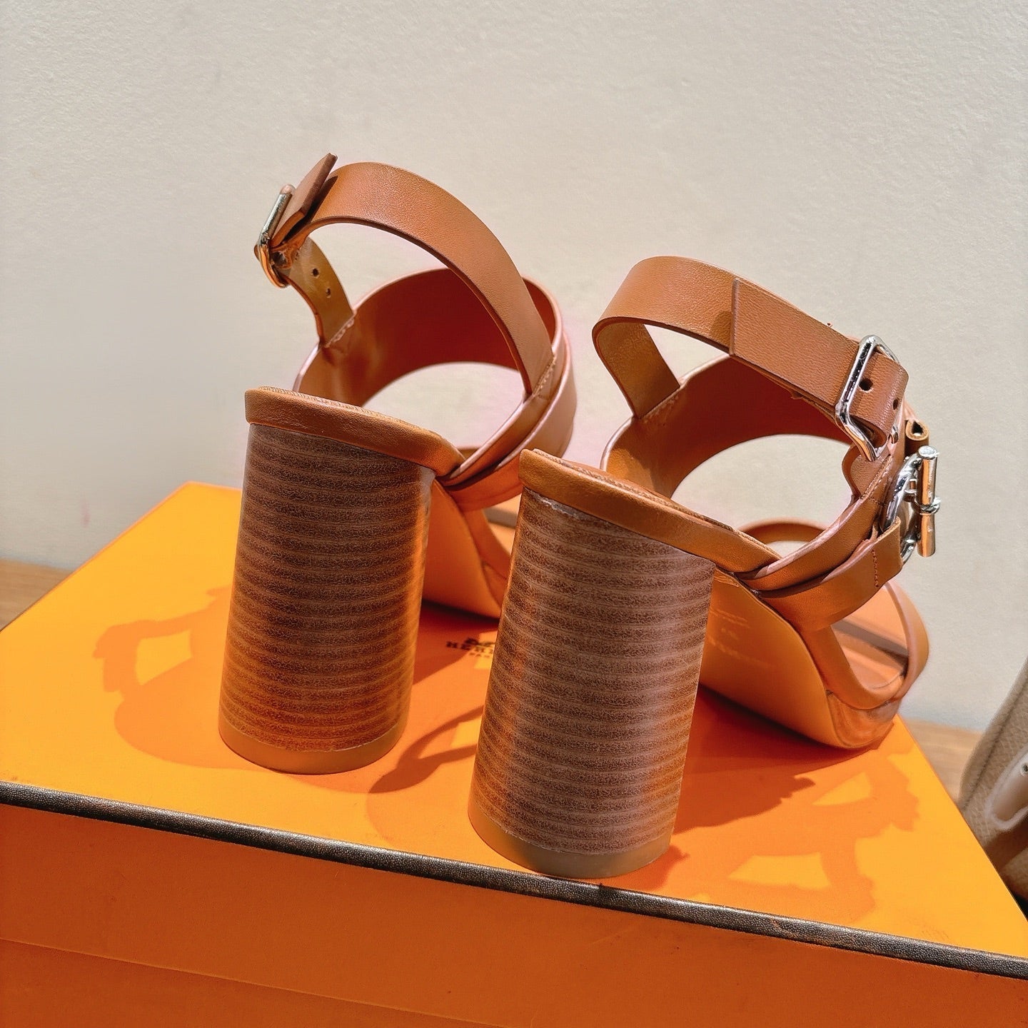 HM 26S Gigi 85 Sandal In Camel Brown Calfskin Silver Hardware