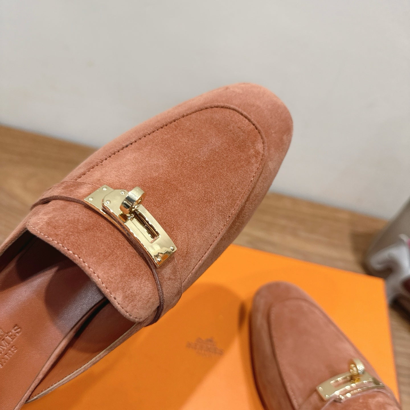 HM 26s Kelly Mule In Peach Brown Suede Gold Hardware