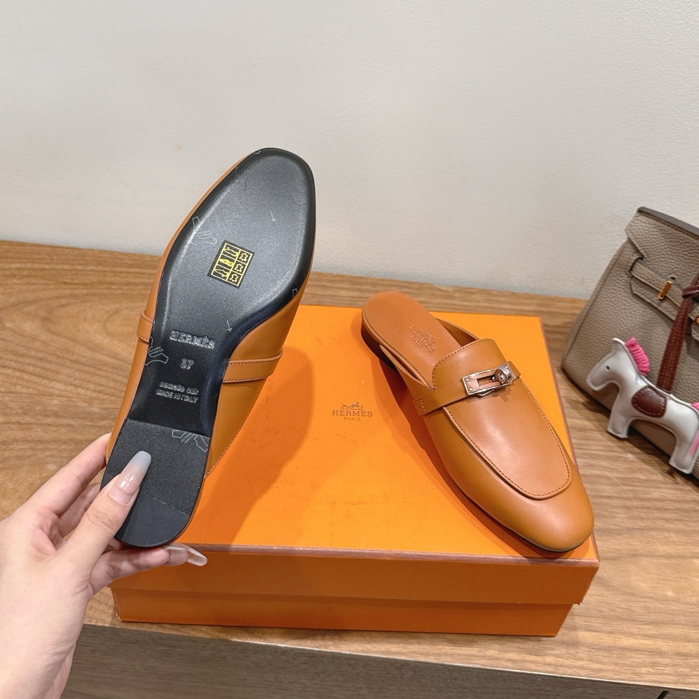HM 26s Kelly Mule In Tan Brown Calfskin Silver Hardware