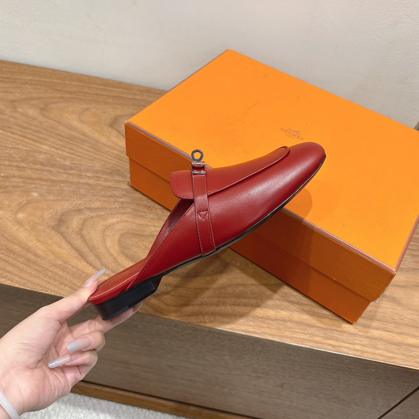 HM 26s Kelly Mule In Dark Red Calfskin Silver Hardware