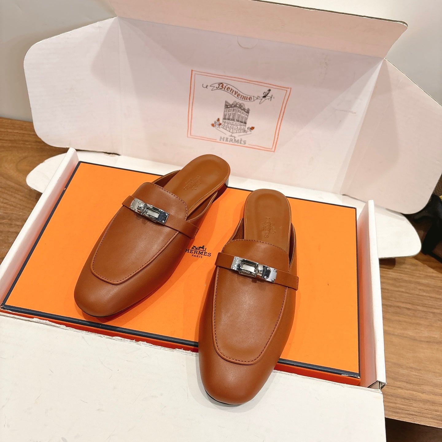 HM 26s Kelly Mule In Caramel Brown Calfskin Silver Hardware