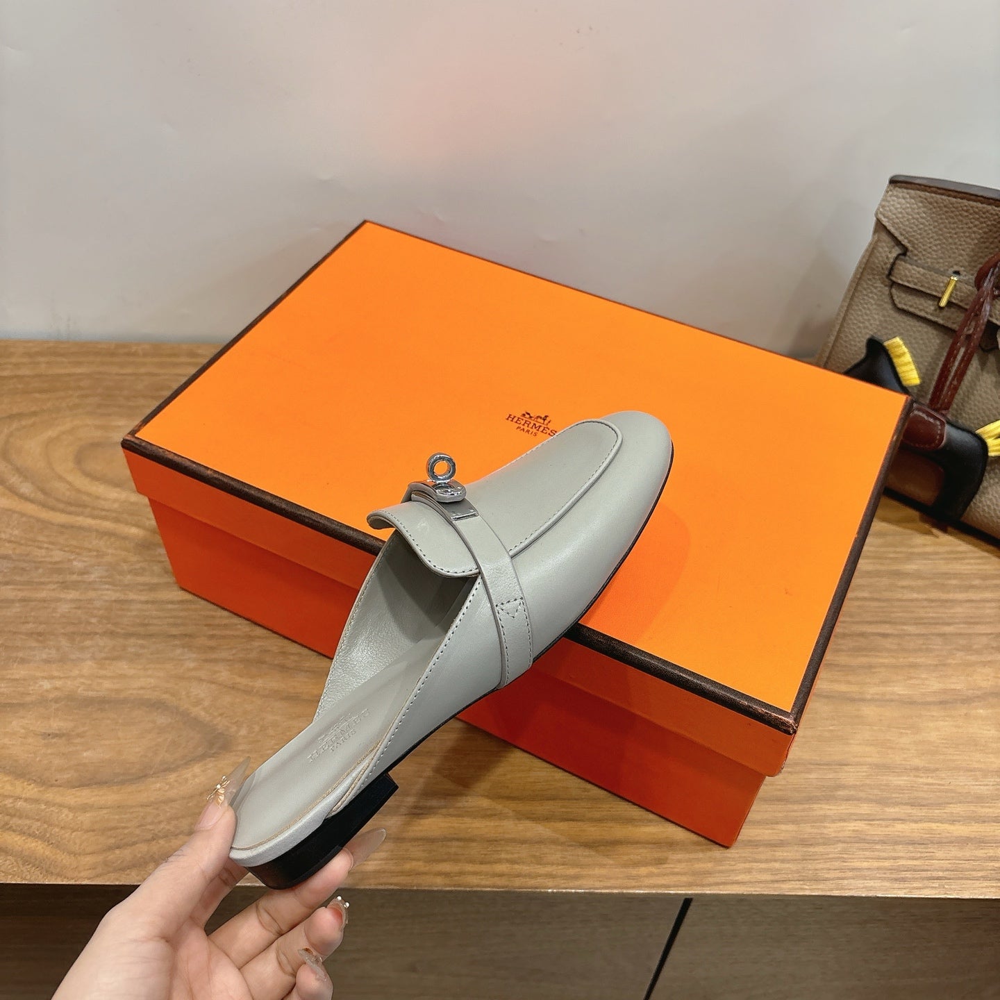 HM 26s Kelly Mule In Grey Calfskin Silver Hardware