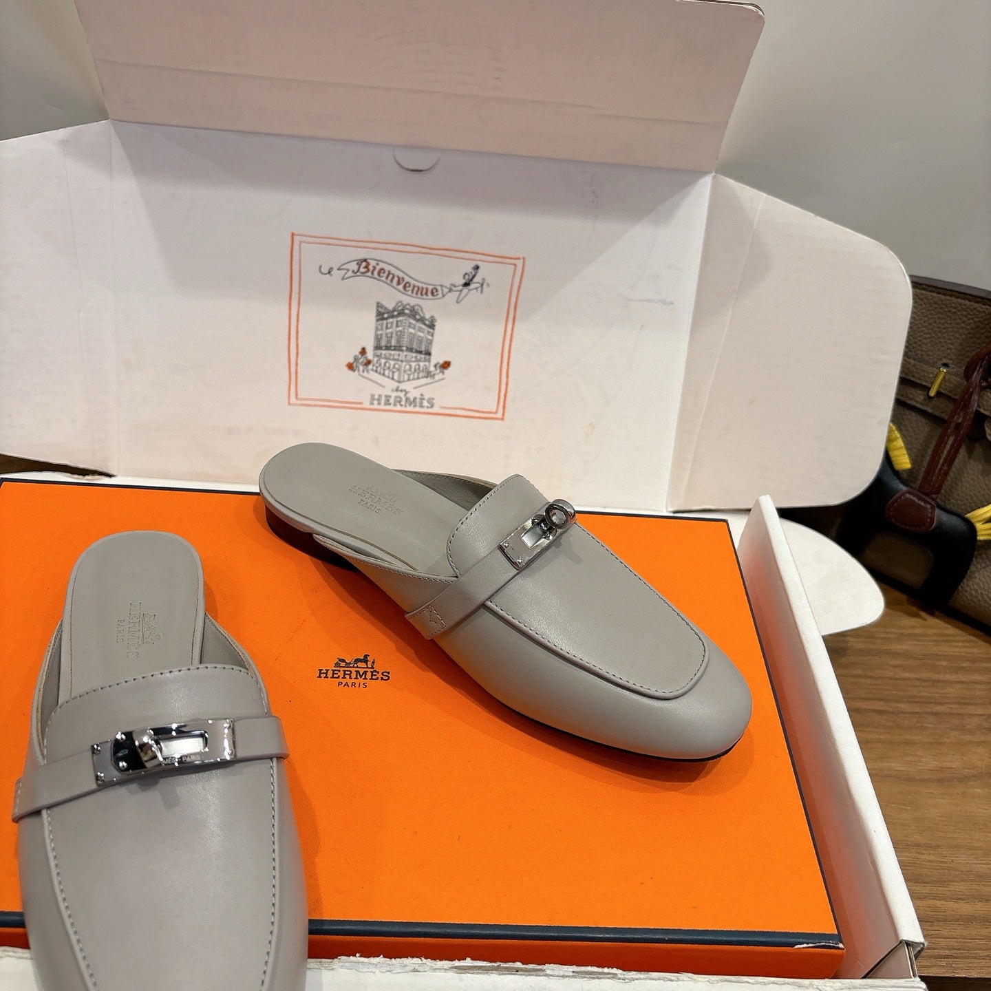 HM 26s Kelly Mule In Grey Calfskin Silver Hardware