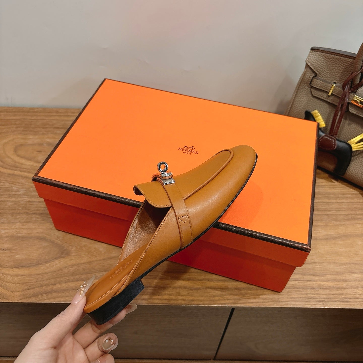 HM 26s Kelly Mule In Tan Brown Calfskin Silver Hardware