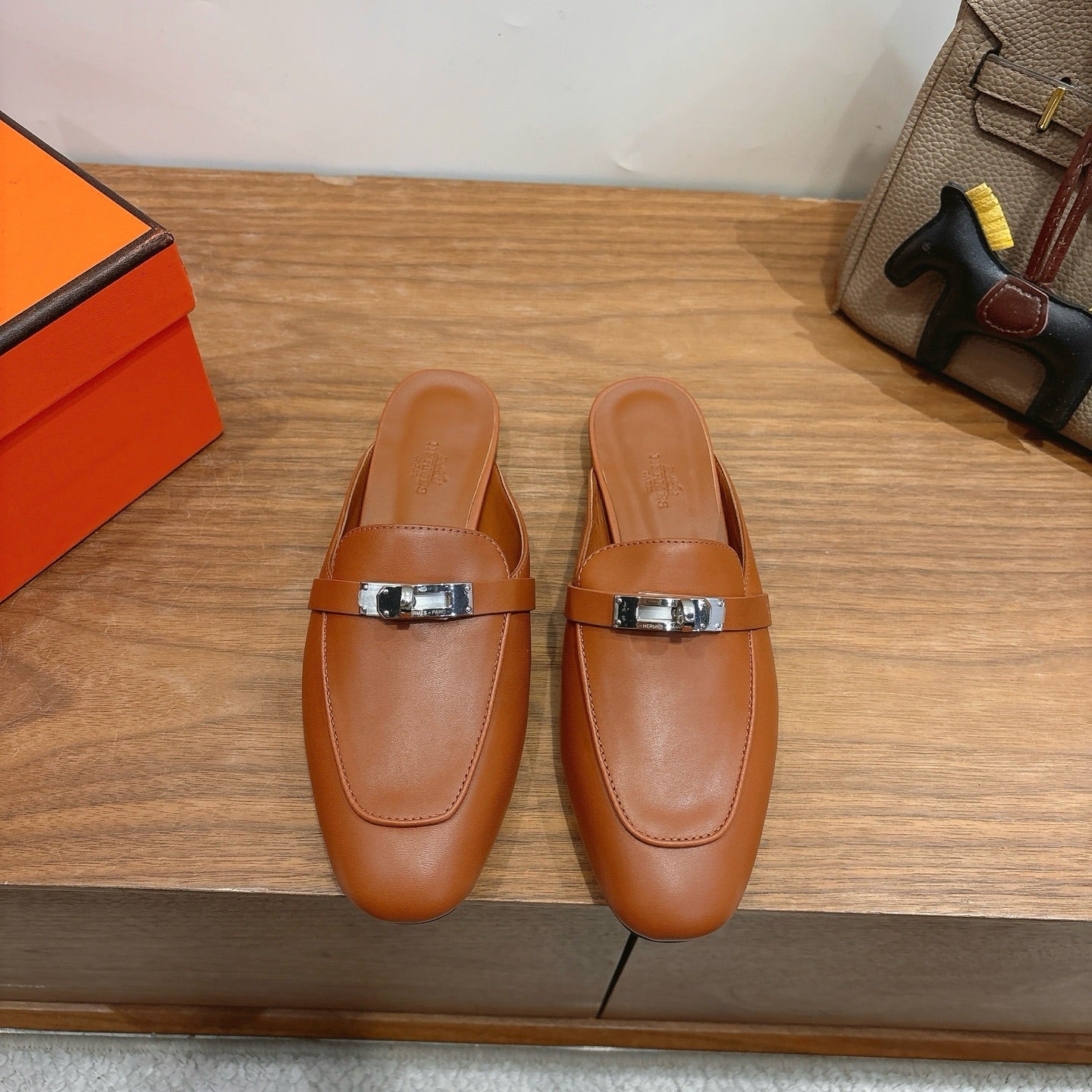 HM 26s Kelly Mule In Caramel Brown Calfskin Silver Hardware