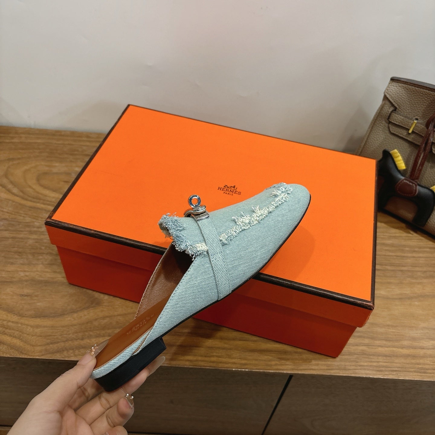 HM 26s Oz Mule In Light Blue Denim Silver Hardware