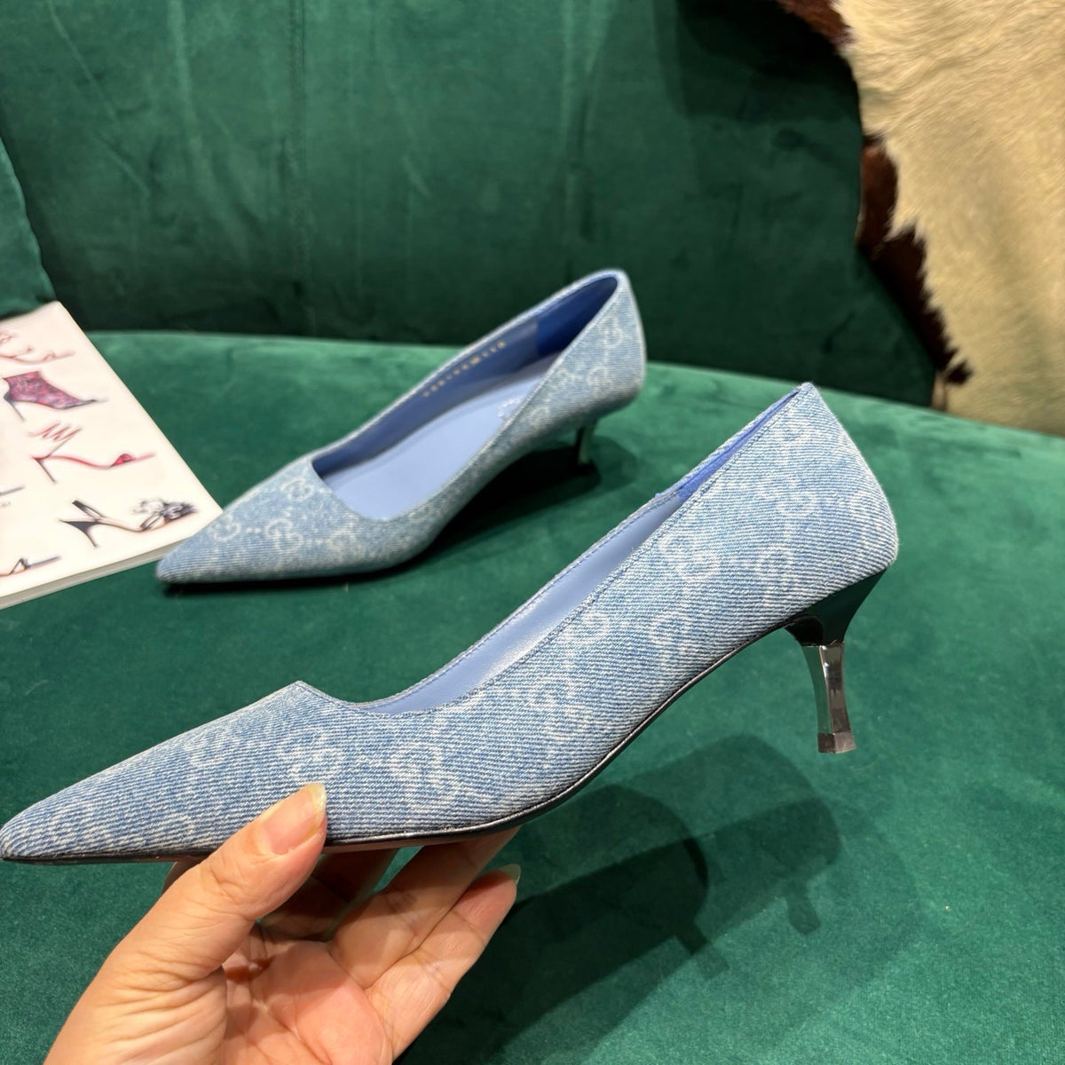 GG Pointed-Toe Slingback Light Blue Canvas 741264