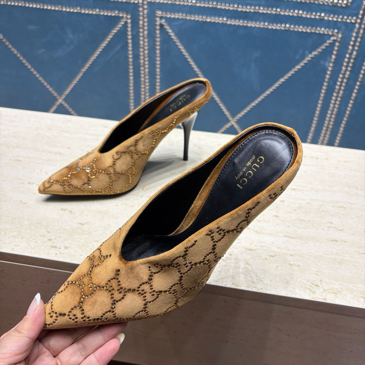 GG High-Heeled Mule 10.5cm Brown Velvet 741289