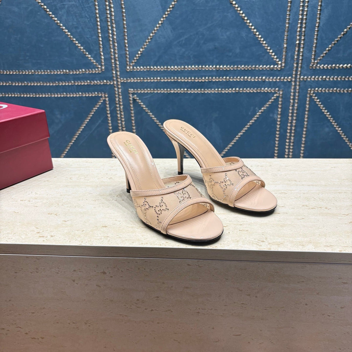 GG Women's Crystal Slide 8.5cm Sandal Beige Mesh Leather 741295