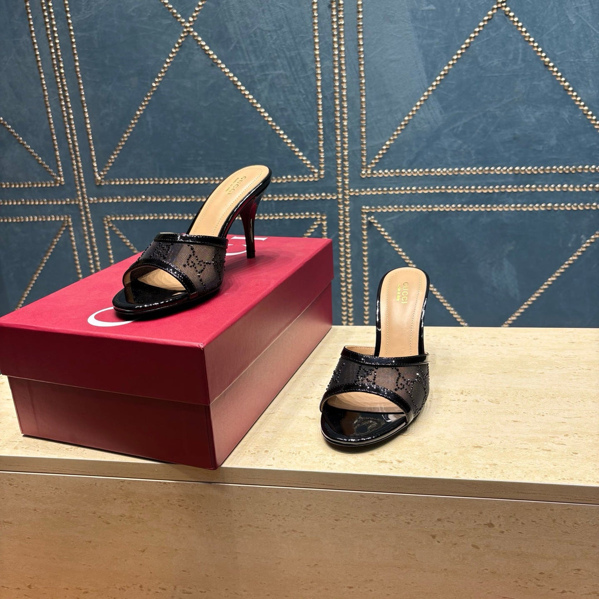 GG Women's Crystal Slide 8.5cm Sandal Black Mesh Leather 741296