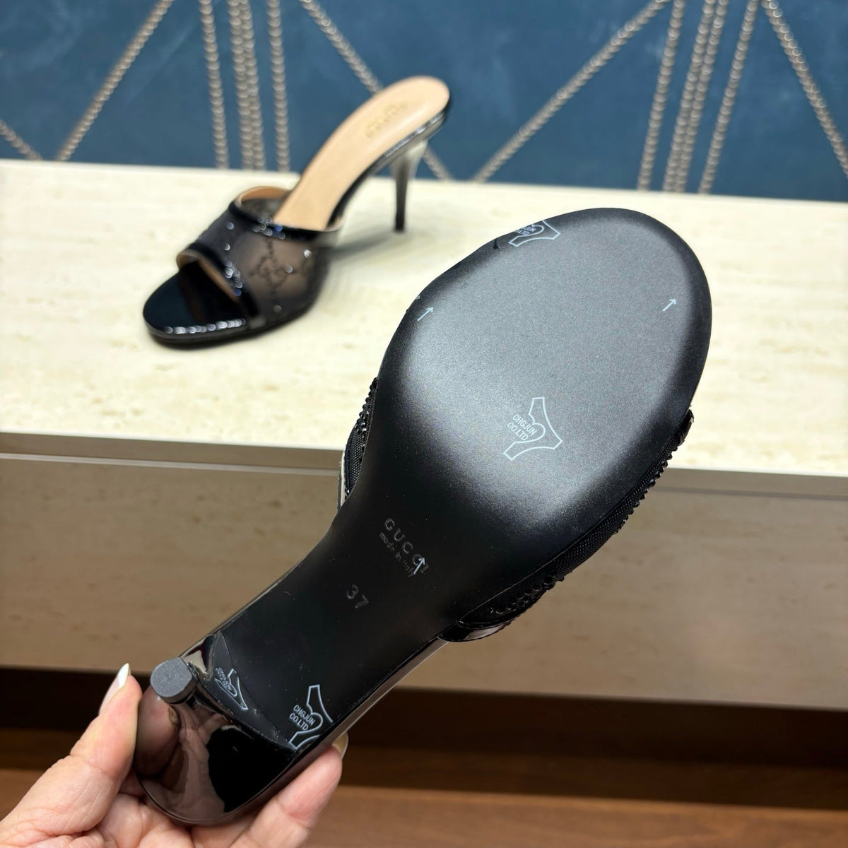 GG Women's Crystal Slide 8.5cm Sandal Black Mesh Leather 741296