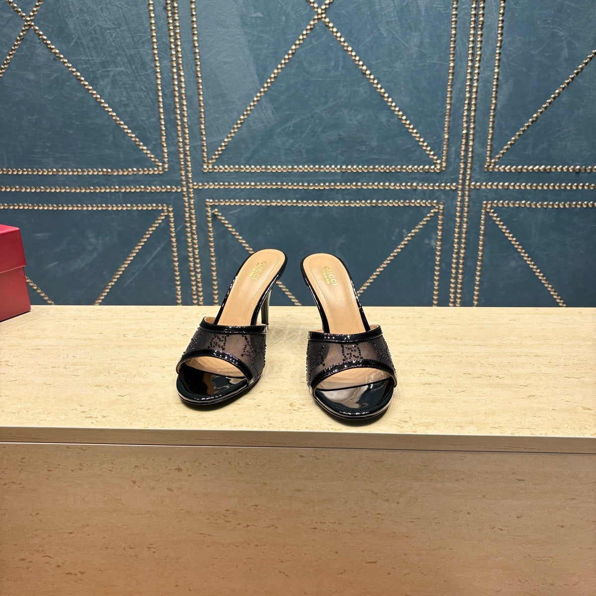 GG Women's Crystal Slide 8.5cm Sandal Black Mesh Leather 741296