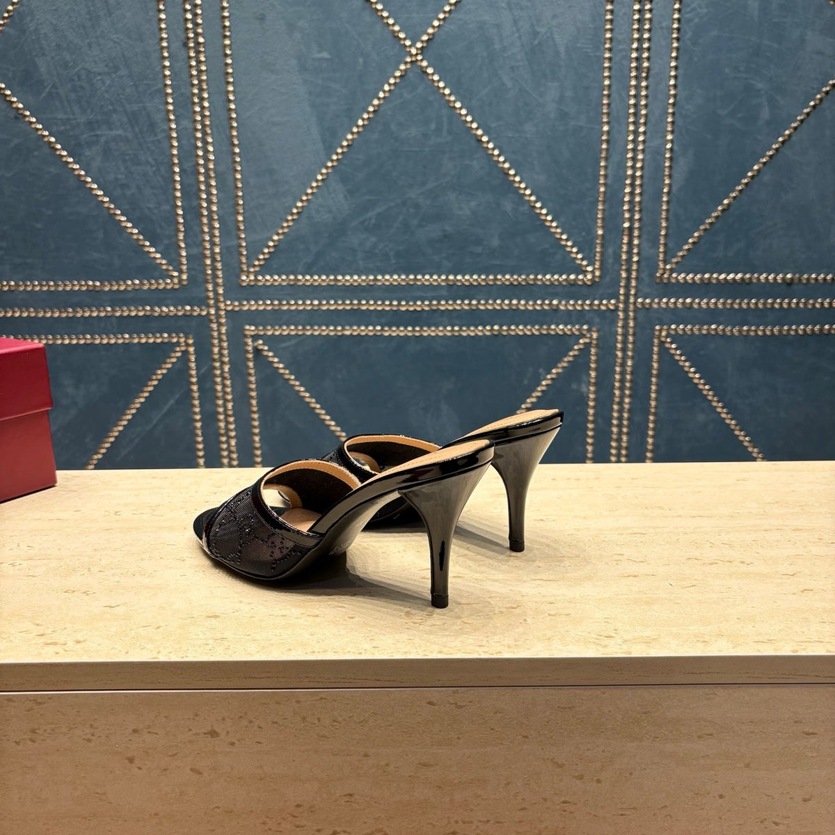 GG Women's Crystal Slide 8.5cm Sandal Black Mesh Leather 741296