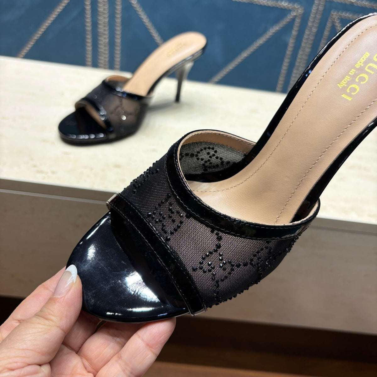 GG Women's Crystal Slide 8.5cm Sandal Black Mesh Leather 741296