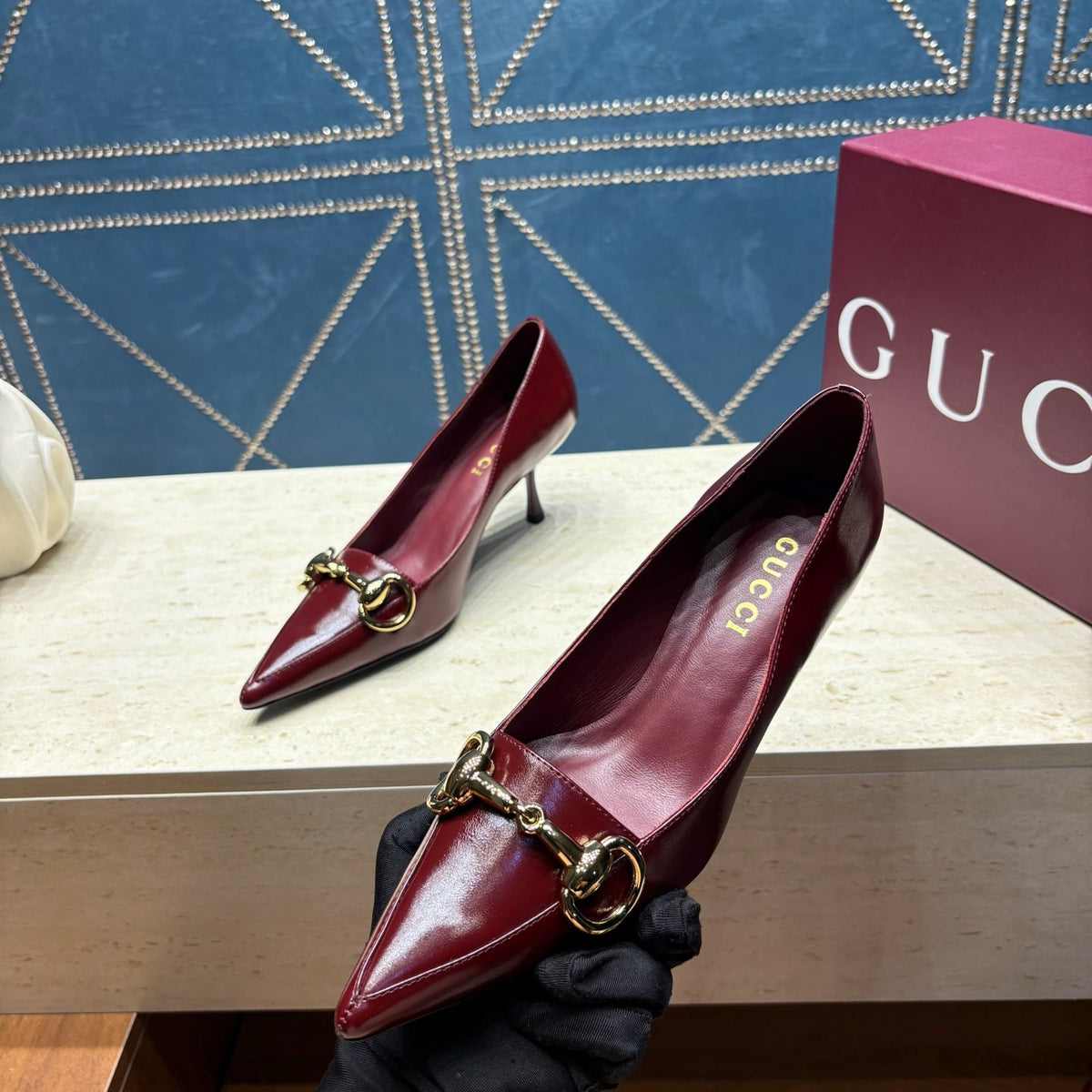GG 26s Signoria Horsebit Pumps 7cm Rosso Ancora Leather 106951