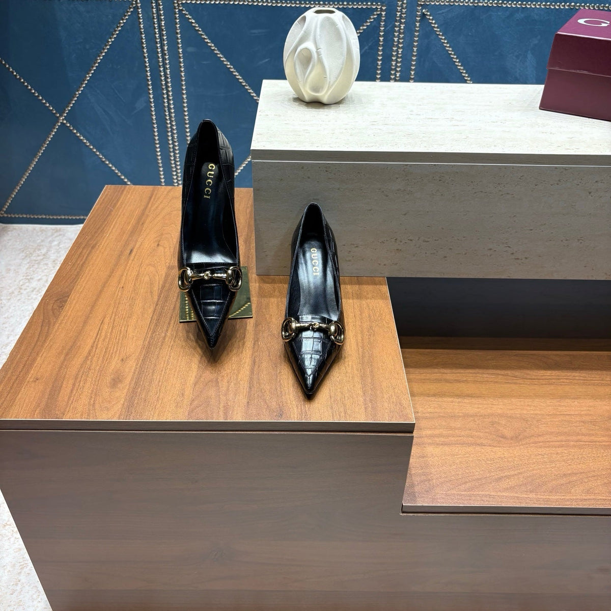 GG 26s Signoria Horsebit Pumps 7cm Black Croc-Effect Leather 106956