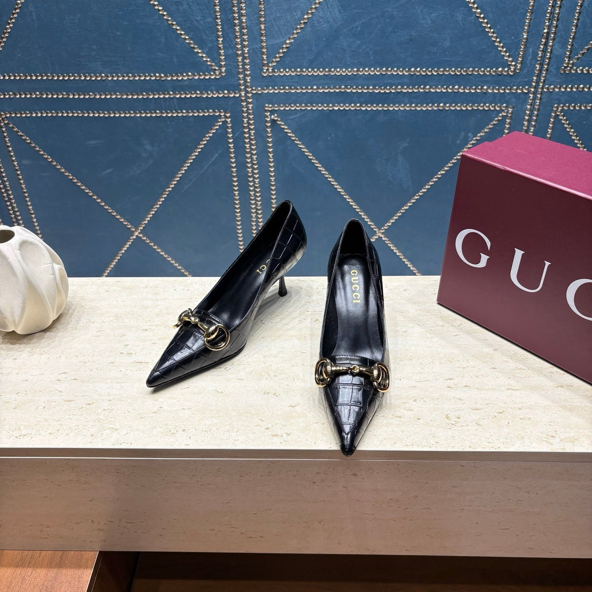 GG 26s Signoria Horsebit Pumps 7cm Black Croc-Effect Leather 106956