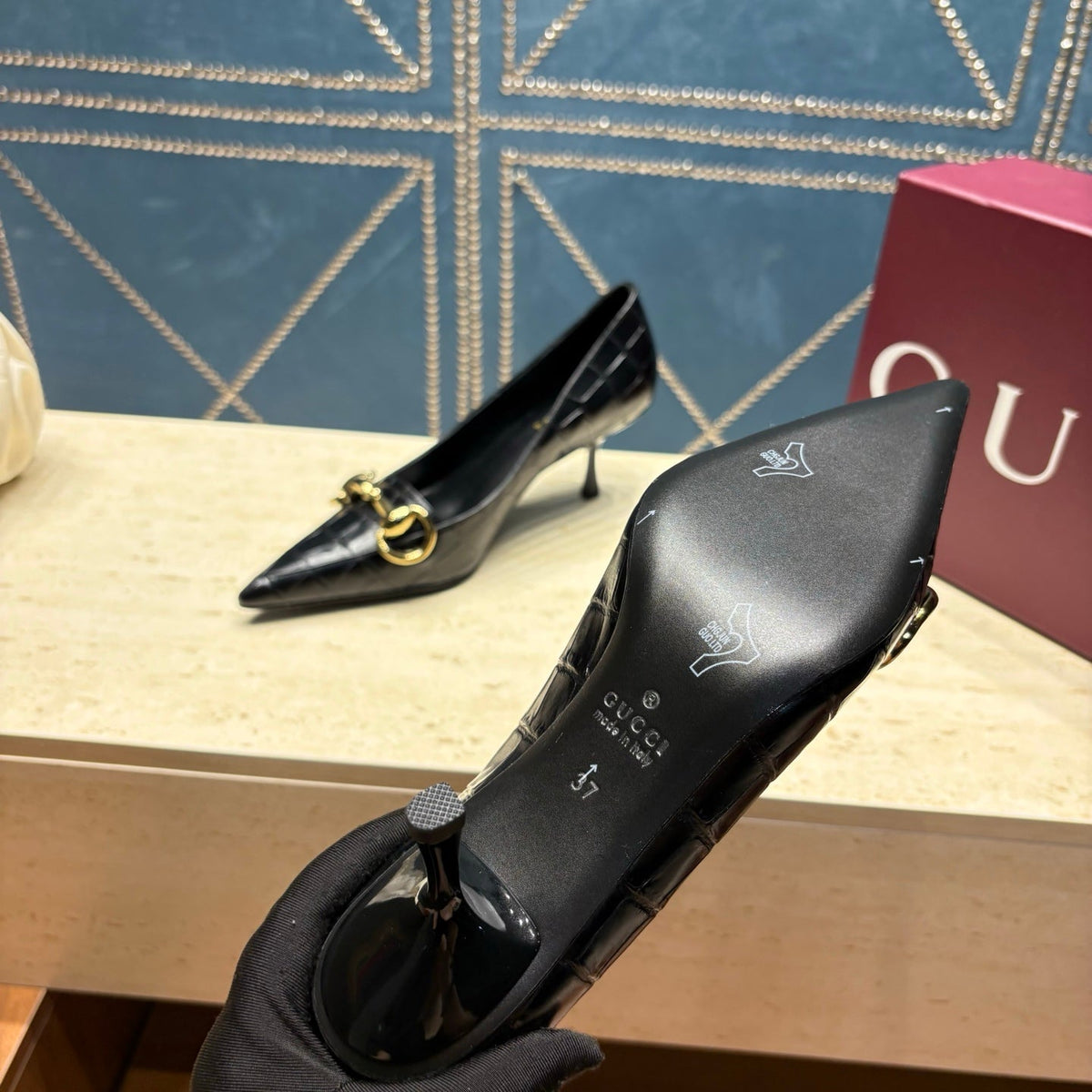 GG 26s Signoria Horsebit Pumps 7cm Black Croc-Effect Leather 106956