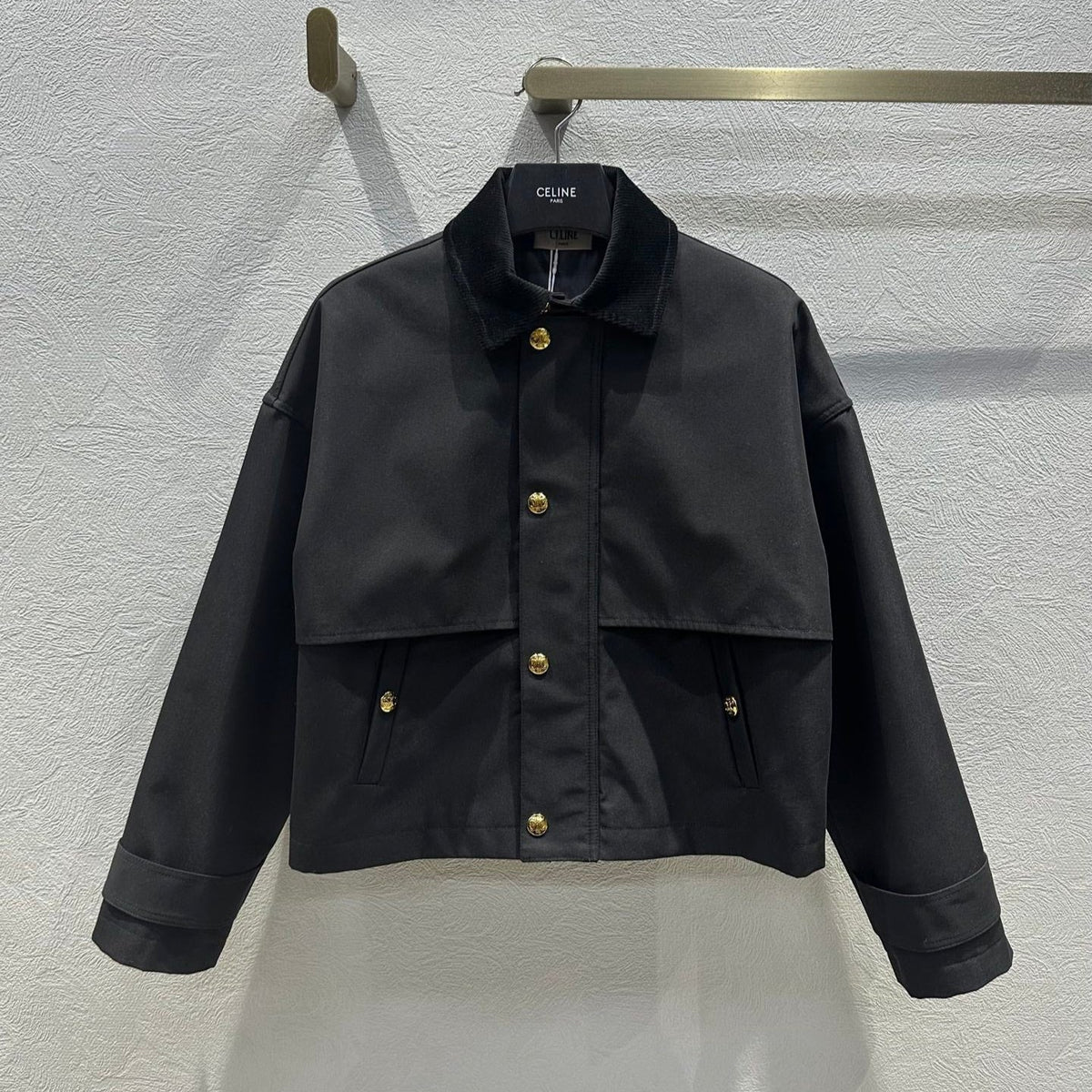 Celine 25 Lapel Short Trench Coat Black Gold Cotton Polyester