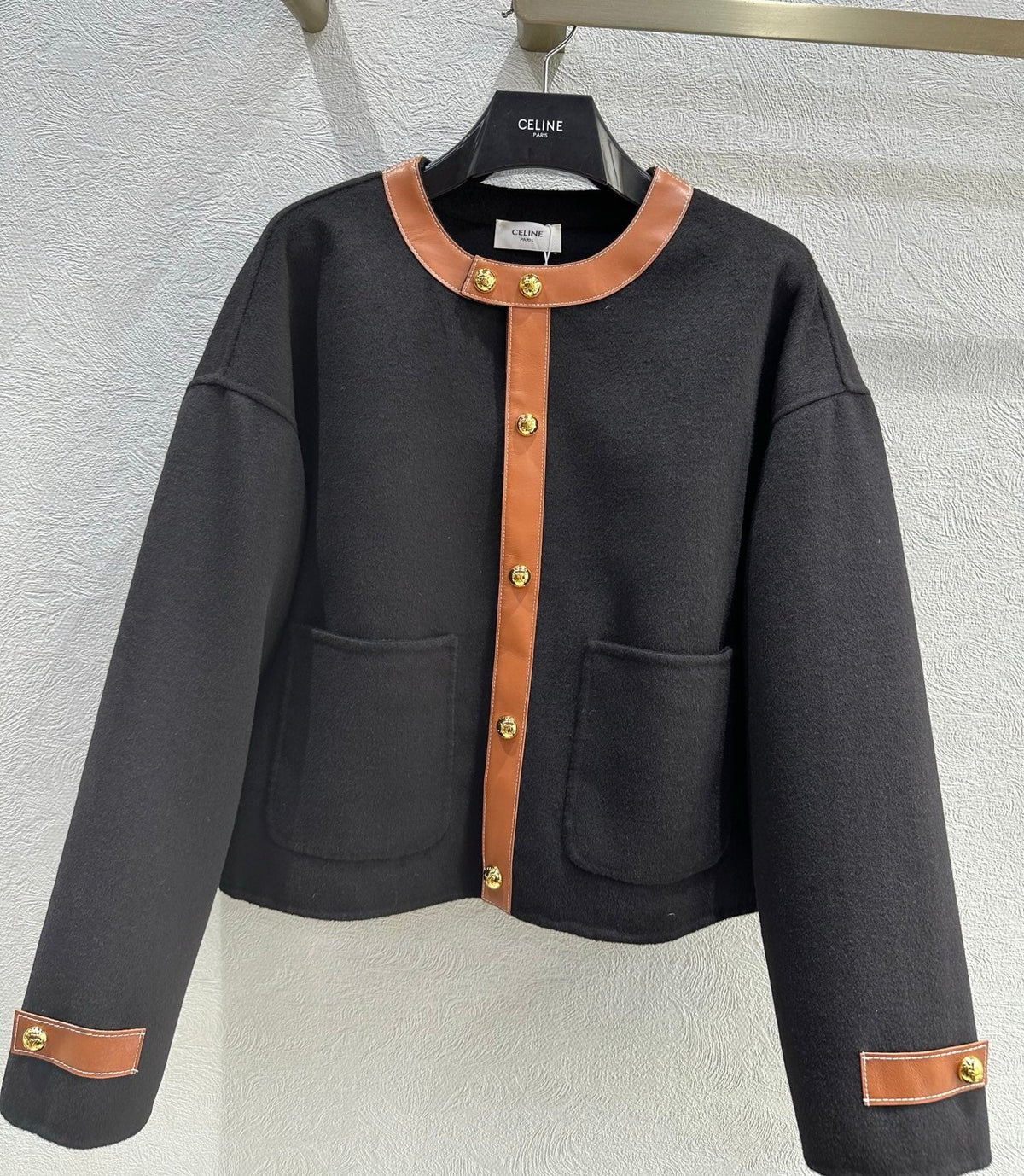 Celine 25 Round Neck Arc de Triomphe Jacket Black Brown Cashmere