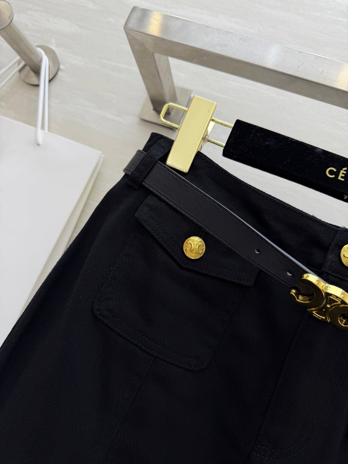 Celine 25 Denim Skirt with Logo Belt Black Cotton