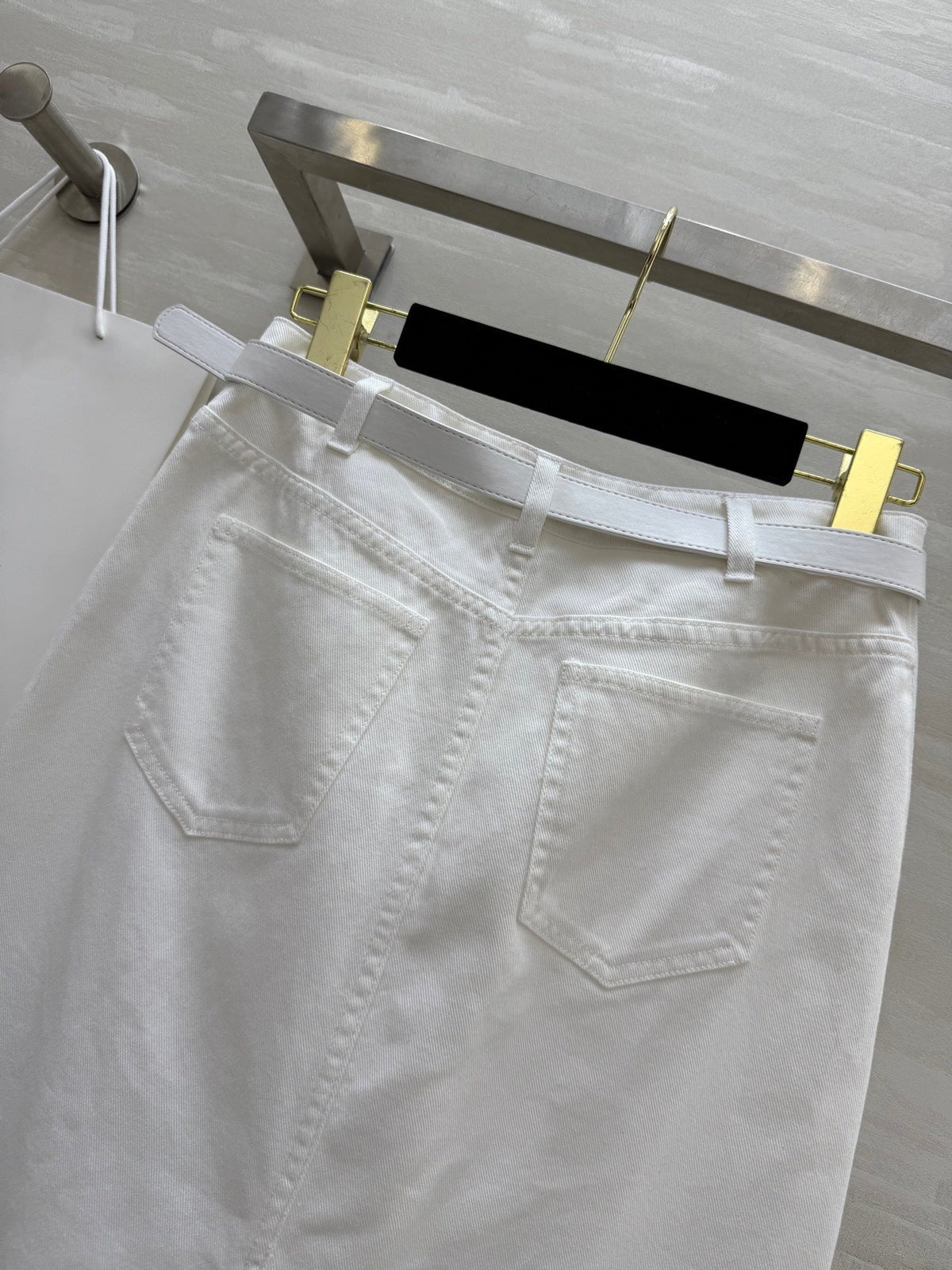 Celine 25 Denim Skirt with Logo Belt White Cotton